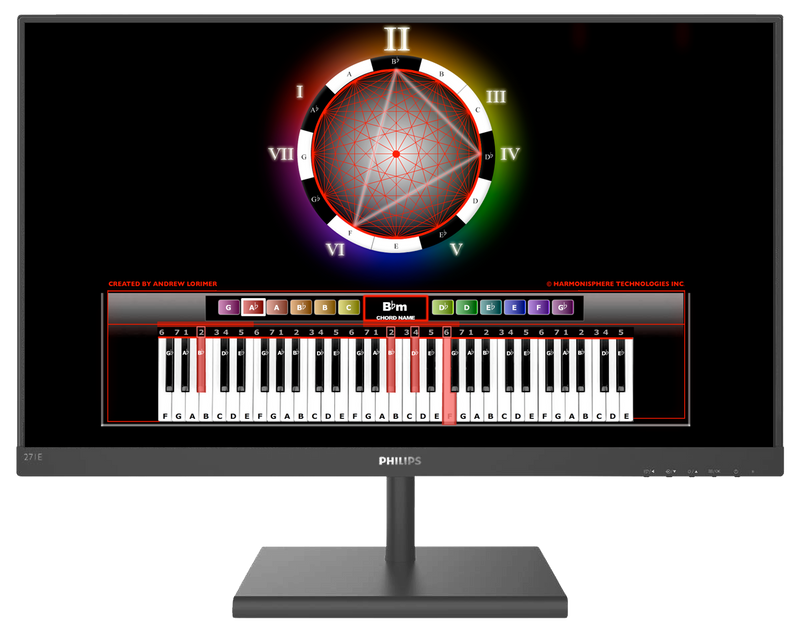 Harmonisphere Virtual Piano software open on a 27 in. monitor